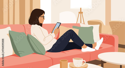 Woman using tablet on sofa, representing Hybrid Work & Digital Nomad lifestyle
