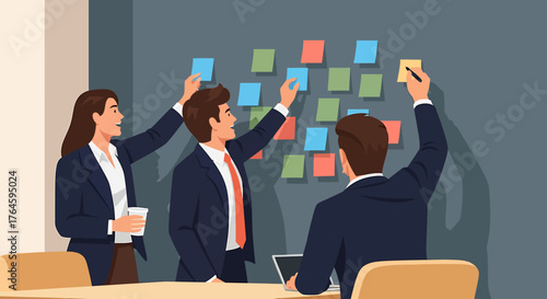 Hybrid Work & Digital Nomad Team Brainstorming with Sticky Notes for Project Planning Strategy