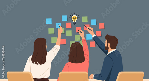 Hybrid Work & Digital Nomad Team Brainstorming Ideas with Sticky Notes on Blackboard Whisk_f547af44ce87648b3964cc70aa71e8dddr