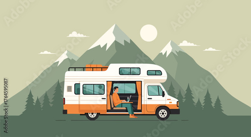 Hybrid Work & Digital Nomad Lifestyle Van Life Adventure with Mountains Background & Remote Office