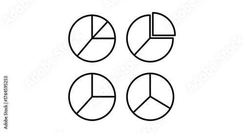 Four circles divided into sections representing fractions or data segments in clean graphics vector