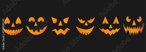 Set of spooky pumpkin smiles in orange on black background. Horror and scary faces. Design for holiday Halloween