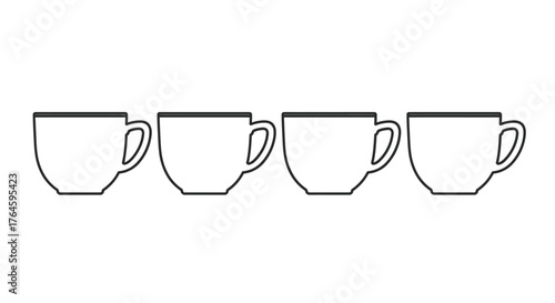 Four outline ceramic coffee cups arranged in a row for beverage service or cafe concepts vector