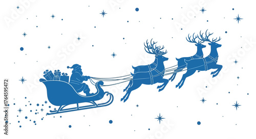 Santa Claus and His Reindeer Sleigh Flying Through the Night Sky with Gifts Delivering Christmas