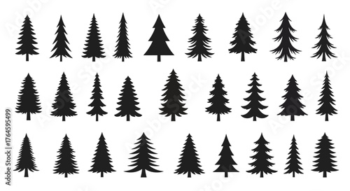A collection of black evergreen tree silhouettes in various shapes. Set of isolated fir and pine tree icons on a white background
