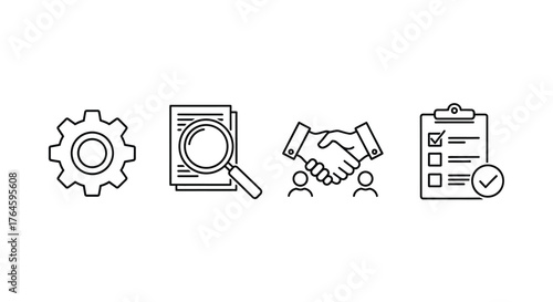 Business icons representing process analysis partnership and completion in simple line art style vector