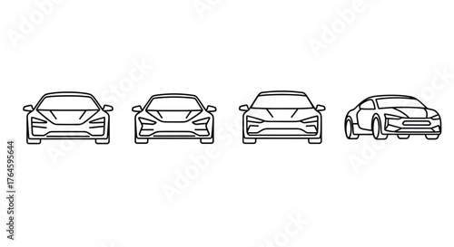 Set of electric vehicle silhouettes four modern car front views and side profile outline designs vector