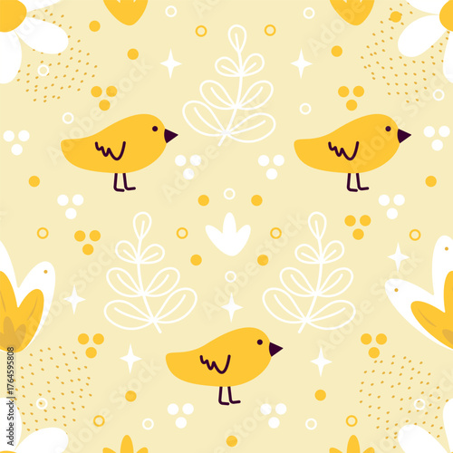Seamless pattern with cute chicks and floral elements . Easter background. Vector illustration