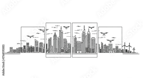 Detailed ink sketch of a futuristic cityscape with tall buildings and flying objects vector