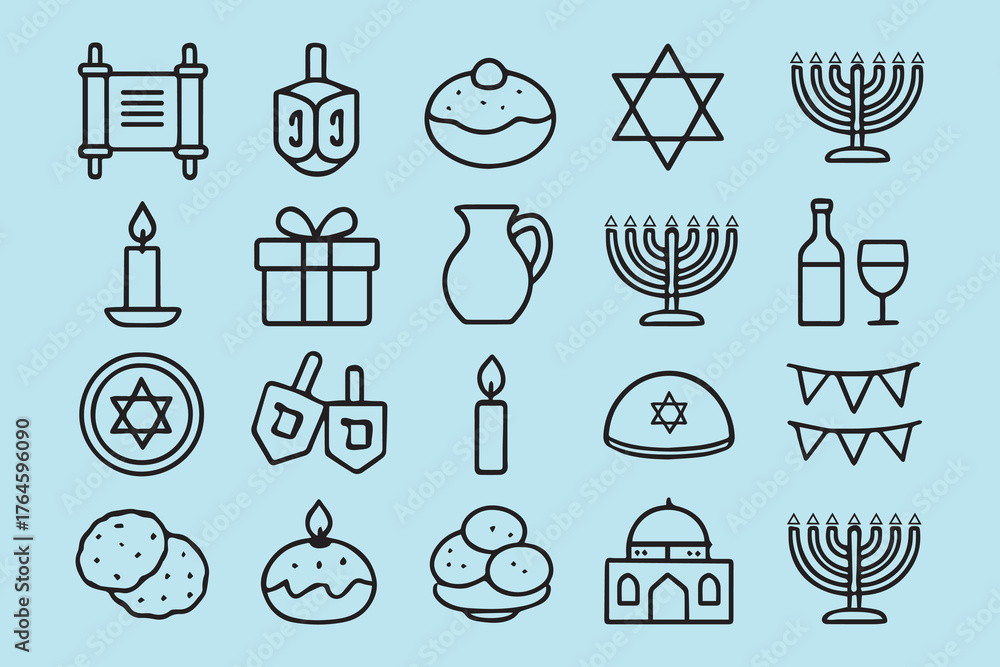 Fototapeta premium Line art illustration isolated on white background showcasing various symbols and icons related to hanukkah, including menorahs, dreidels, and stars of david