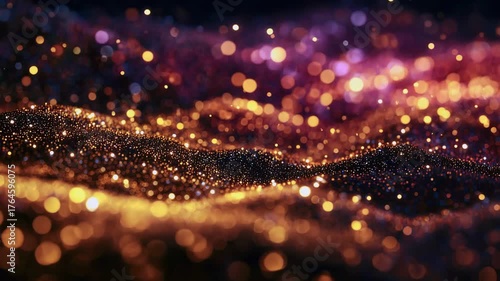 Elegant sparkle background with soft bokeh effect. Abstract golden purple glitter texture and dark gradient glow. Sparkling particles shimmer and slowly move. Festive bg. Abstract sparkling texture.