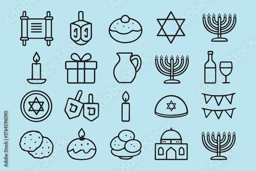 Line art illustration isolated on white background showcasing various symbols and icons related to hanukkah, including menorahs, dreidels, and stars of david