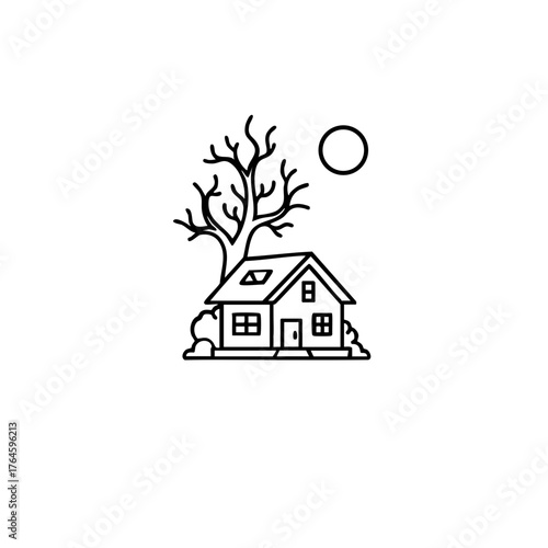 Haunted house, gothic rural vector with bare tree and moonlight outline, perfect for eerie night illustration, spooky poster, or mysterious countryside design.