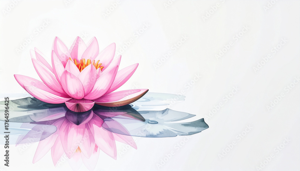 Obraz premium Pink water lily gently floating on calm water, watercolor washes, delicate hand-painted petals