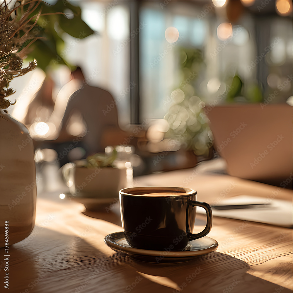 Fototapeta premium Close-up of a black coffee cup on a saucer on a polished wooden cafe table, laptop and plants in the background, bright morning sunlight streaming through large windows, golden hour glow