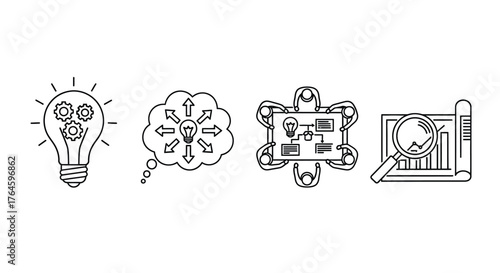Creative ideas brainstorming and analysis icons representing innovation and problem solving concepts. vector