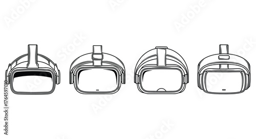 Four futuristic virtual reality headsets showcasing immersive digital entertainment and gaming technology vector