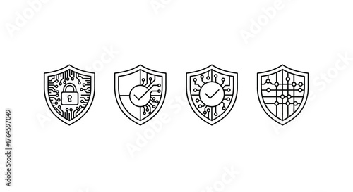 Four hand drawn cybersecurity shields representing data protection and network security concepts vector