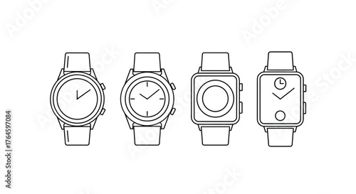 Collection of four detailed watch designs showing different styles and features for fashion and technology vector