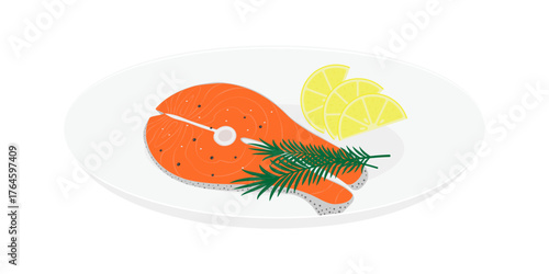 Salmon Steak with Seasonings, Rosemary Sprigs and Lemon Wedges on White Plate Healthy Eating Design