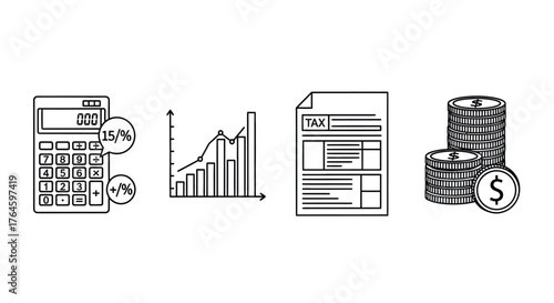 Financial icons calculator bar chart document and stack of coins representing business growth vector