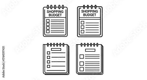 Four hand drawn shopping budget notepads with checklists offering financial planning and organization tools vector