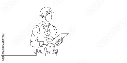 Continuous Line Drawing of a Construction Engineer with Clipboard and Hard Hat,
