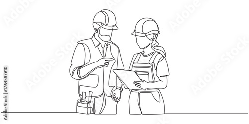 Continuous Line Drawing of Construction Team Discussing Plans