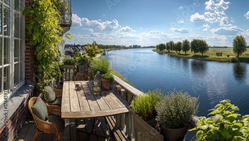 Panoramic view of a sunny patio overlooking a canal