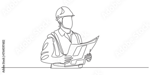 Continuous line drawing of an engineer reviewing blueprints,Continuous Line Drawing of a Construction Worker Pointing Upwards,labor day concept