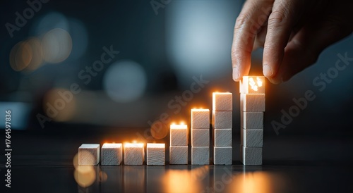 A hand places a light-emitting wooden block on top of a growing stack, illustrating upward progress