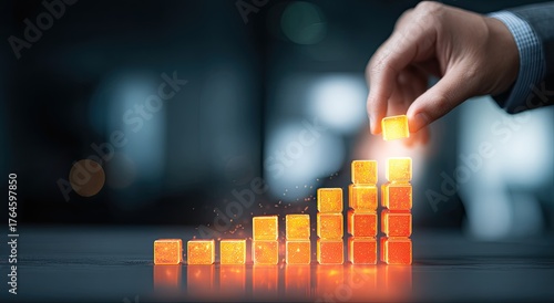 Hand building a glowing orange cube staircase