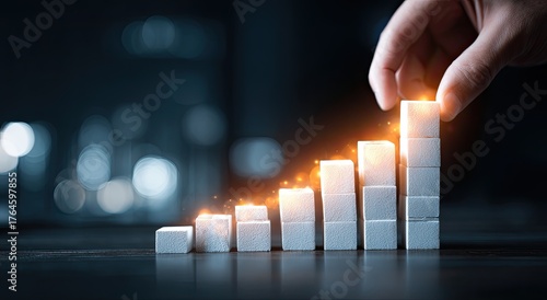 Hand placing blocks forming a rising graph