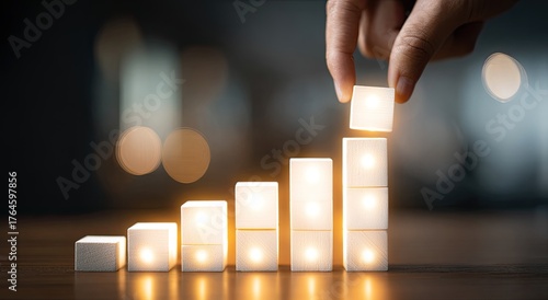 Hand placing glowing white blocks forming a rising graph