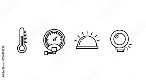Set of four clean line art icons for thermometer gauge siren and light useful for technical dashboards vector