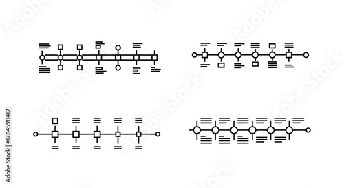 Four timeline designs with icons stages and dates for project planning and business growth vector