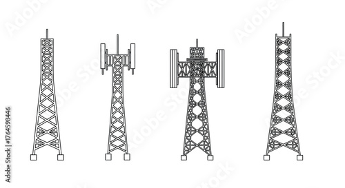 Set of four detailed cellular towers and communication antennas towering above vector
