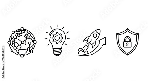 Modern business concepts icon set featuring network idea rocket and security symbols vector