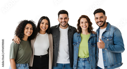 A diverse group of young adults smiles together, exuding happiness and unity in a casual, friendly environment.