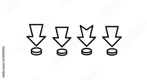 Four downward arrows pointing to circular objects in sequential progression vector