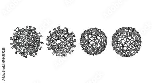 Microscopic view of viral particles showing distinct shapes and surface structures in a row vector