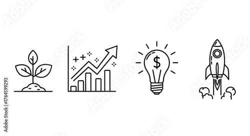 Doodle icons representing growth business startup investment and innovation vector