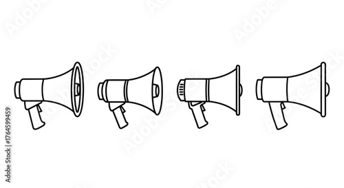 Set of four handheld megaphone outline icons demonstrating sound announcement and communication vector