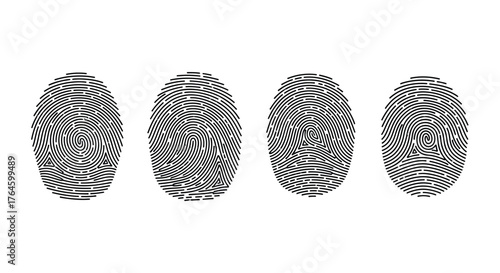 Four distinct fingerprints showing unique ridge patterns for identification and security concepts vector