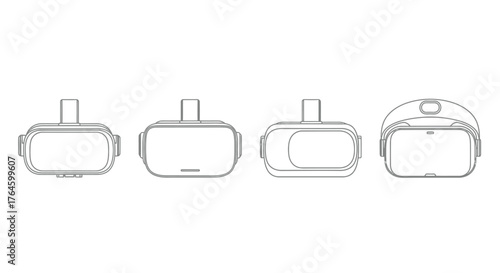 Four different virtual reality headsets displayed side by side line art simple design vector