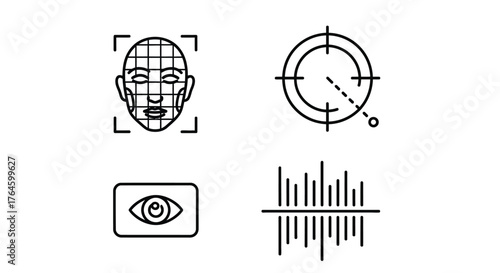 Set of four outline icons for security and identification technology concepts vector