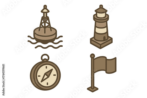 Nautical navigation symbols set with lighthouse, marine buoy, and compass