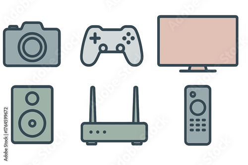 Modern digital technology gadgets for home entertainment including television speaker and router