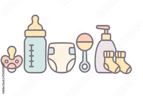 Essential baby care products set including feeding bottle, diaper, pacifier, and rattle toy