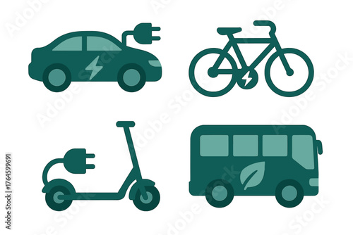 Modern green mobility symbols: electric car, e-bike, scooter, and public bus